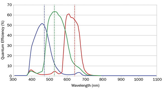 圖 3. RGB 相機的量子效率曲線顯示了紅色、綠色和藍(lán)色之間的重疊。 由愛特蒙特光學(xué)公司提供。